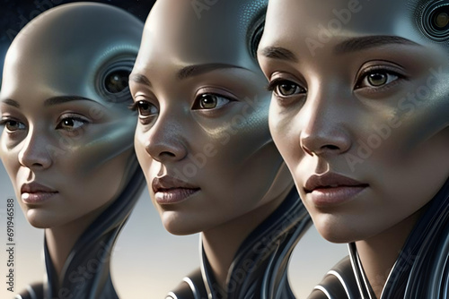 Atmospheric portrait of a group of alien beings from another planet with space background.  Generative AI