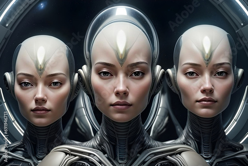 Atmospheric portrait of a group of alien beings from another planet with space background.  Generative AI