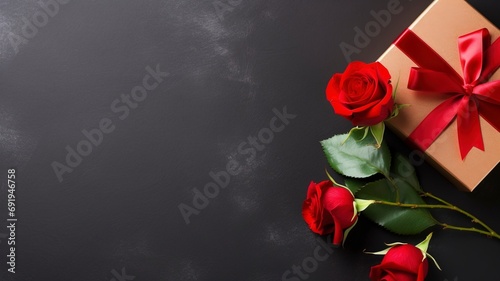 gift box and a red rose on dark background , flat lay and copy space , generative ai