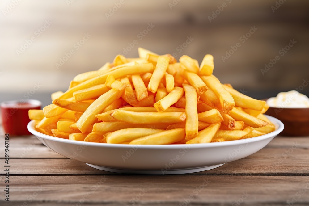 French fries in plate on wooden background French fries in plate on wooden background
