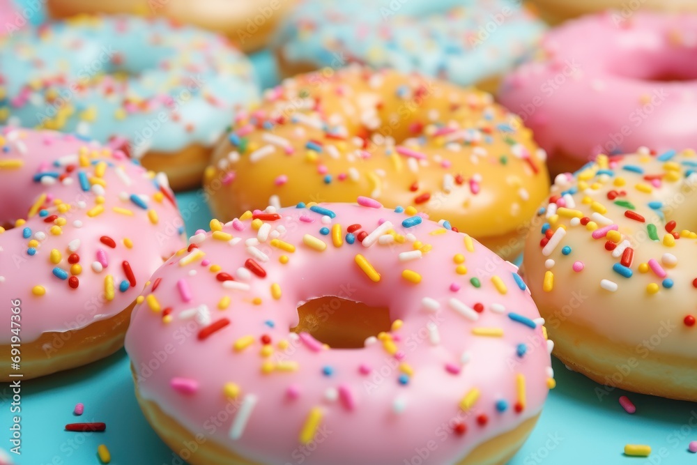 a bunch of doughnuts with pink frosting and sprinkles are on a blue platter. a bunch of doughnuts with pink frosting and sprinkles are on a blue platter.