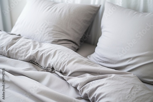 Grey pillows with blanket and duvet cover on the bed