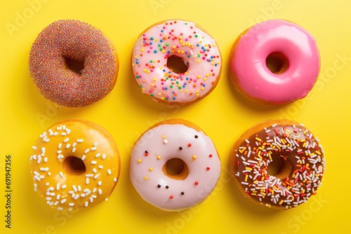  a group of six doughnuts with sprinkles on top of each one on a yellow background.