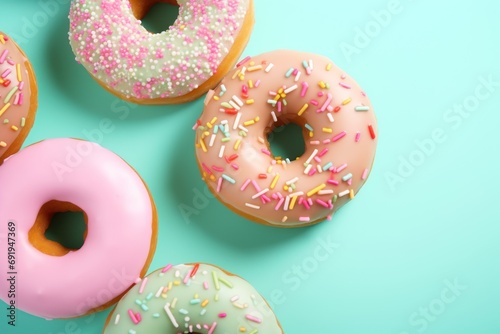  a group of doughnuts with sprinkles on top of each one on a light blue background.
