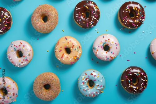  a group of doughnuts with sprinkles arranged in a row on a blue surface with a blue background.