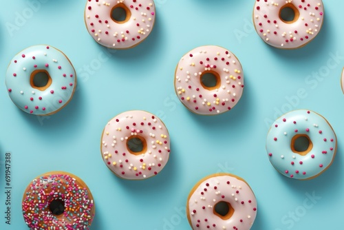  a group of doughnuts with sprinkles arranged in a row on a blue background with white and pink sprinkles. photo