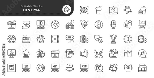 Set of line icons in linear style. Set - Cinema and film.Showing a movie in a cinema. Outline icon collection. Pictogram and infographic. Editable stroke.