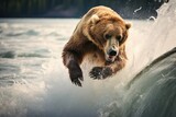 Brown bear swimming in the river. Digital painting