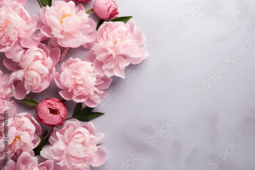  a bouquet of pink peonies on a white marble background with a place for a text or an image.