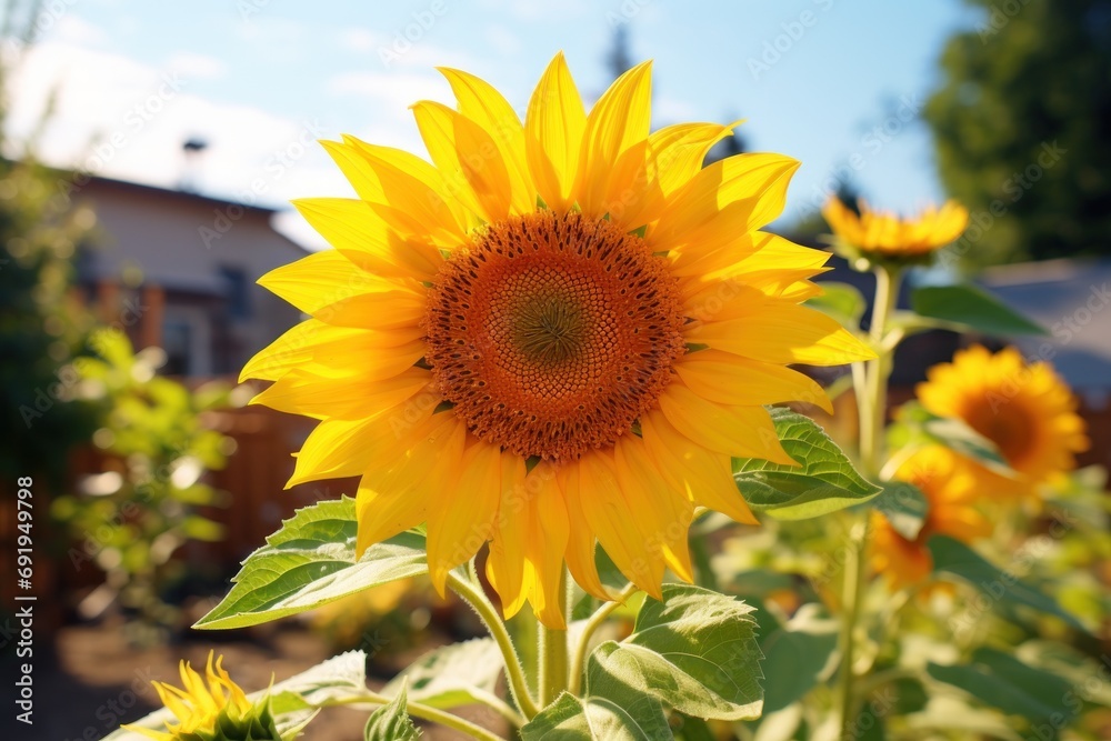  a close up of a sunflower in a field with a house in the back ground and a blue sky in the background.