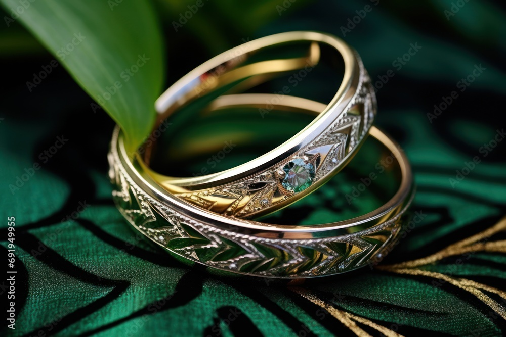 a couple of wedding rings sitting on top of a green and gold cloth next to a green and gold leaf. a couple of wedding rings sitting on top of a green and gold cloth next to a green and gold leaf.