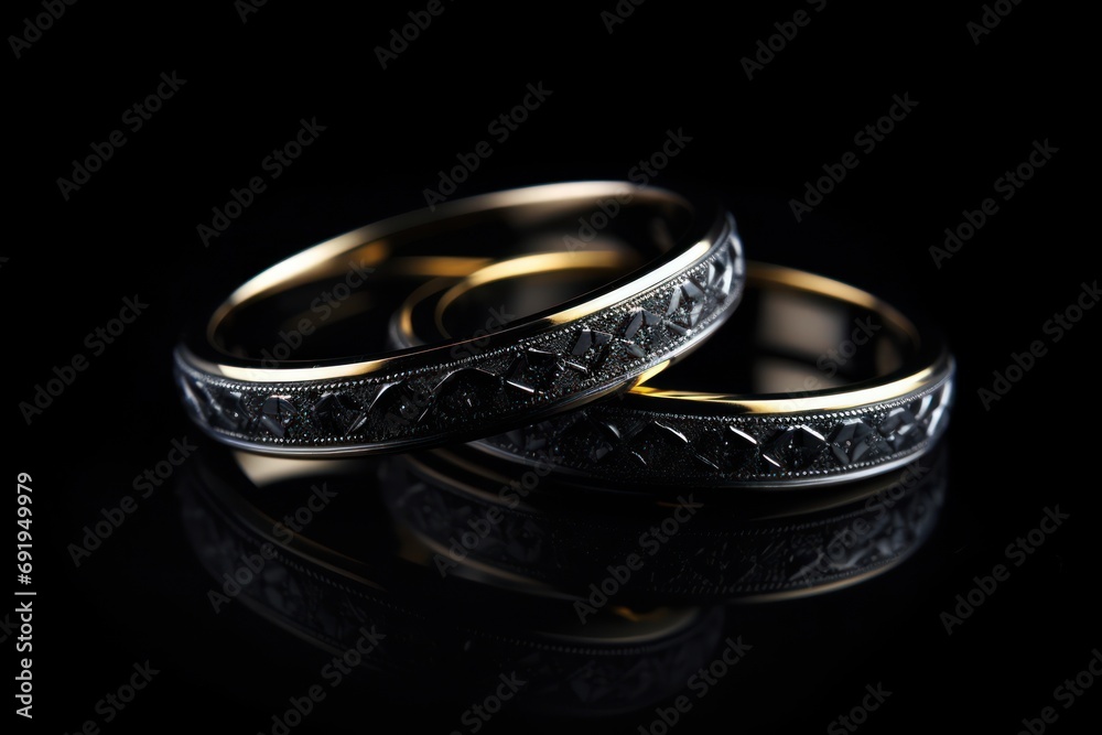 two wedding rings sitting next to each other on a black surface with a reflection of the ring on the ground. two wedding rings sitting next to each other on a black surface with a reflection of the ring on the ground.
