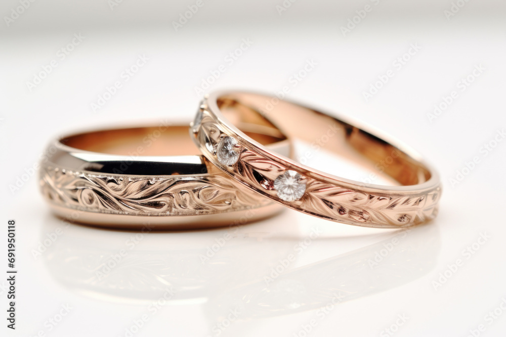 a couple of wedding rings sitting on top of each other on top of a white table next to each other. a couple of wedding rings sitting on top of each other on top of a white table next to each other.