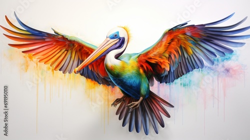 Billede på lærred a pelican, its distinctive beak and expansive wings depicted in vivid hues on a clean white surface, capturing the majesty of these coastal birds