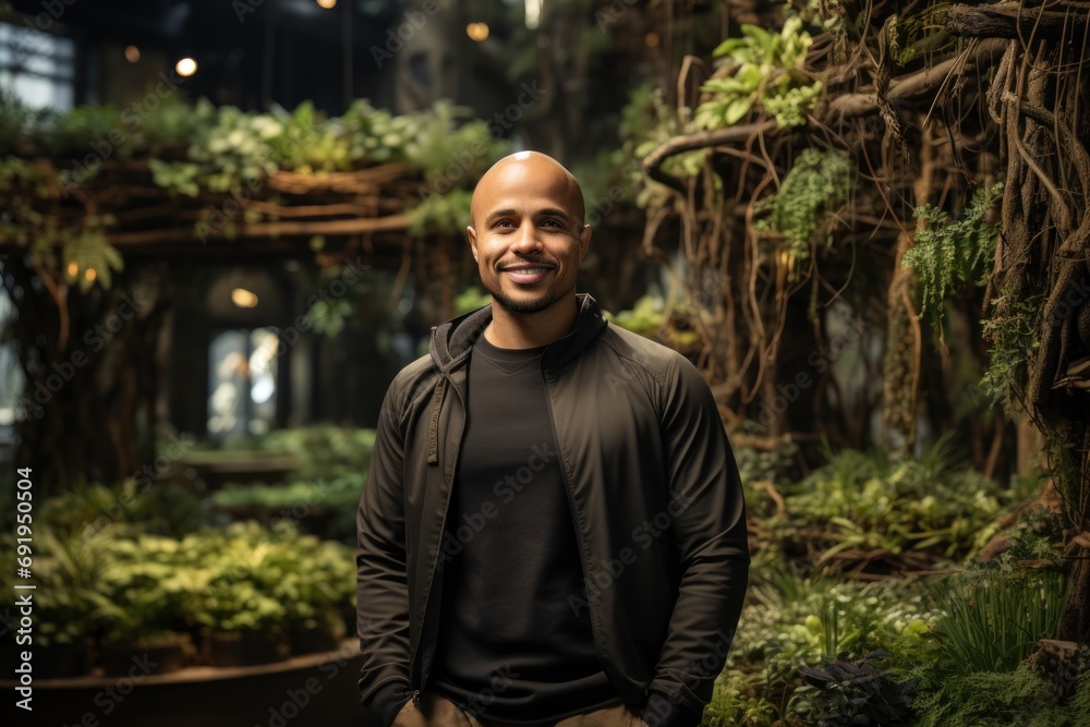  a man standing in front of a bunch of trees in a room with plants on the walls and plants on the ceiling.