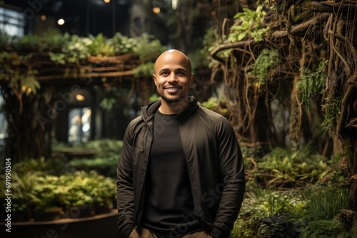  a man standing in front of a bunch of trees in a room with plants on the walls and plants on the ceiling.