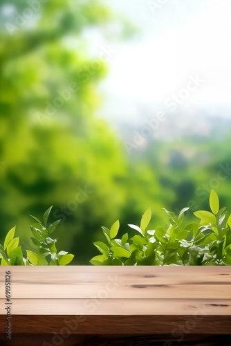 Springtime Blossoms with Majestic Mountain View  a Wooden Table for display products  design template  space to copy