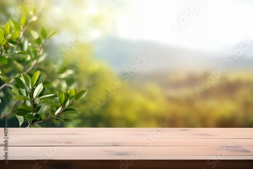 Springtime Blossoms with Majestic Mountain View  a Wooden Table for display products  design template  space to copy