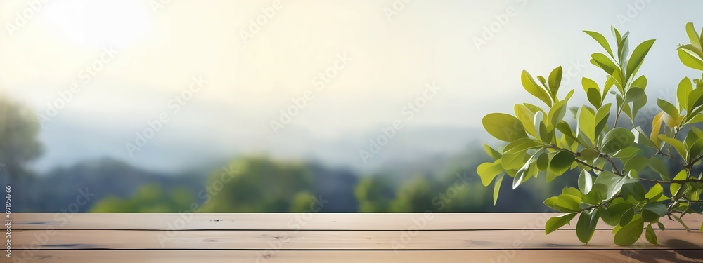 Springtime Blossoms with Majestic Mountain Views from a Wooden Deck, background, design template, space to copy, banner, setting for product display, cover image - obrazy, fototapety, plakaty 