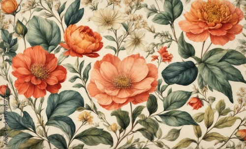 Floral pastel wallpaper. Seamless wallpaper with vintage nature. Decorative vintage pattern, textile background, floral design, background fabric.