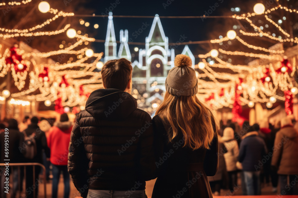 A happy and friendly couple strolls through the city at night, decorated with illuminations. A magical and beautiful night view and a concept for a fun way to spend your holidays and vacations.