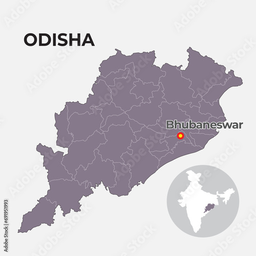 Odisha locator map showing District and its capital 