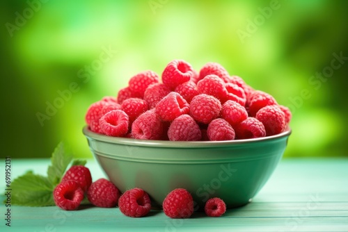  a green bowl filled with raspberries on top of a wooden table next to a leafy green background.