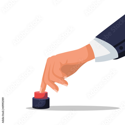 Hand pressing red button. Push finger. Vector illustration flat design. Isolated on white background.