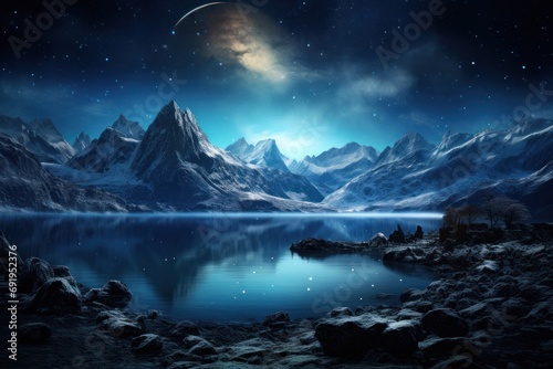  a night scene of a mountain lake with a moon in the sky and a full moon in the night sky.