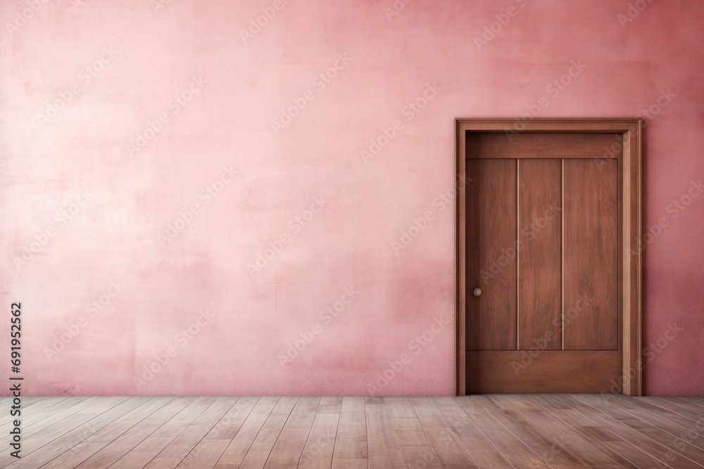  an empty room with a pink wall and a wooden door in the center of the room with a wooden floor.