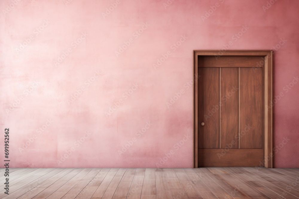 an empty room with a pink wall and a wooden door in the center of the room with a wooden floor. an empty room with a pink wall and a wooden door in the center of the room with a wooden floor.