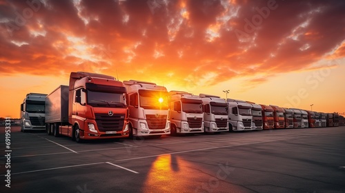 Parked trucks in front of bright sunrise photo