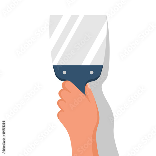 The builder holds a construction spatula in hand. Putty knife in the hand of a home master. Cement trowel. Construction and repair. Apply plaster or putty. Vector illustration flat design.