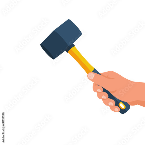 Tile hammer in the hands of a tile master. Hammer with rubberized yellow handle. Hand tools for laying tiles and stones. Vector illustration flat design. Isolated on white background.