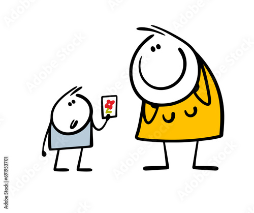 Child gives sweet gift for mothers Day. Glad doodle woman looks admiringly at son and flower drawing. Vector illustration of happy family and love. Isolated cartoon characters on white background.
