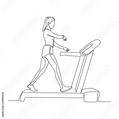 Continuous single line sketch drawing of healthy woman run on treadmill machine. One line art of training gym sport exercise vector illustration