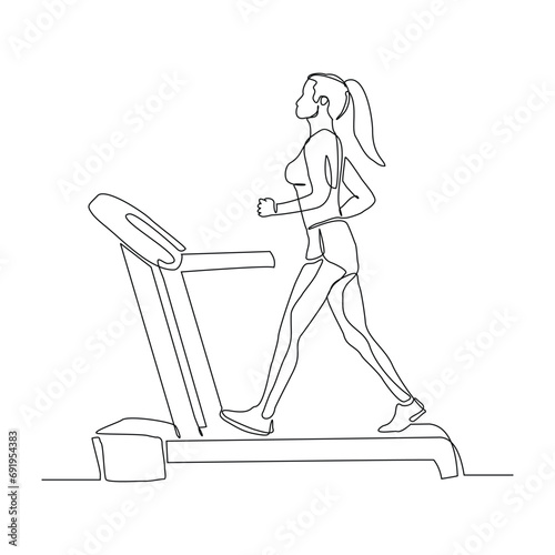 Continuous single line sketch drawing of healthy woman run on treadmill machine. One line art of training gym sport exercise vector illustration