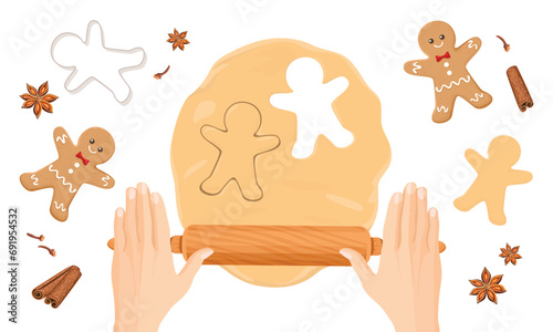 Baking gingerbread man. Hands making dough for christmas cookies. Form for cutting gingerbread, rolling pin and spices isolated on white background. Vector cartoon illustration.