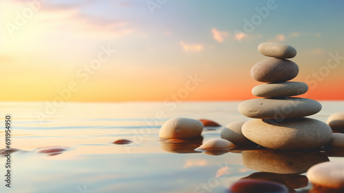 Pile of Zen stones and sunset on calm sea water. Meditative lifestyle concept. Symbolic balance and inner equilibrium with stress relief. Mental rest and connection with nature. Poster with copy space