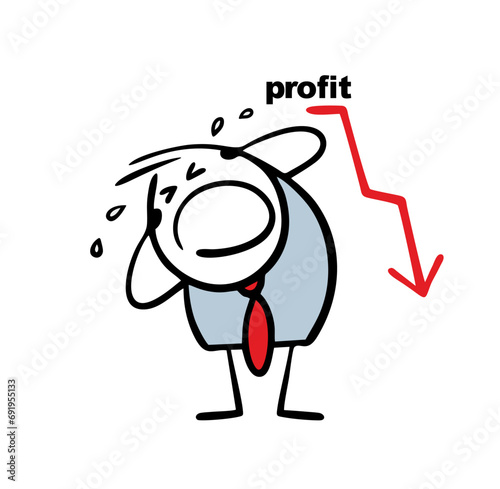 Frustrated businessman sobbing loudly, tears flowing. Vector illustration of loser man in business suit and red arrow falls down, the profit decreases.