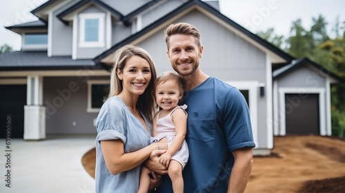Group portrait photo of young family standing together in front of new house before move into new home. Resident relocation young family starting new house moving lifestyle concept.