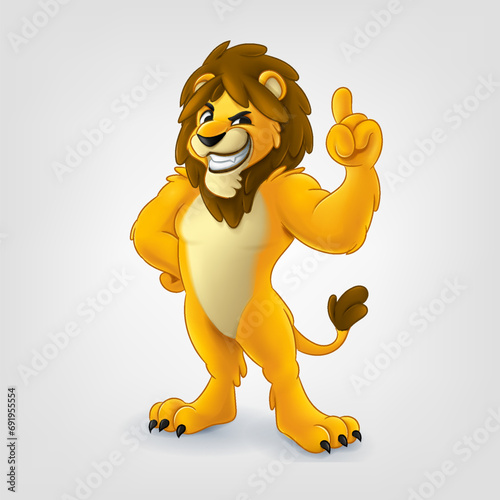 lion cartoon mascot with raised hand finger