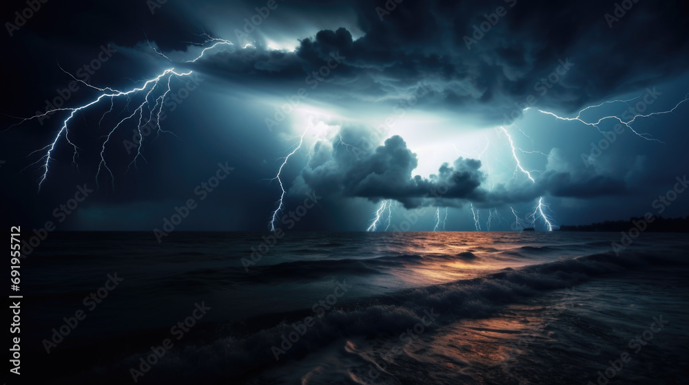 A thunderstorm with lightning over the sea. Wallpaper. 