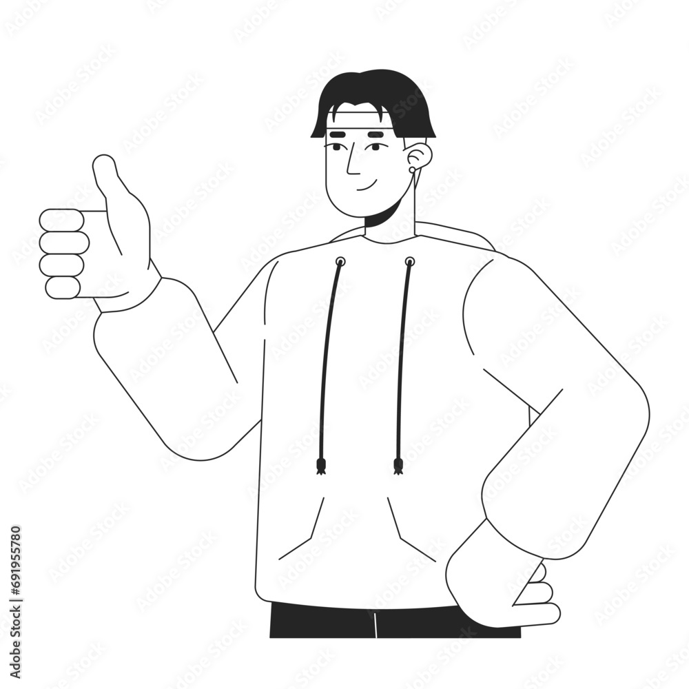 Retro inspired gen z man giving thump up black and white 2D line cartoon character. Handsome korean male showing support isolated vector outline person. Nostalgia monochromatic flat spot illustration