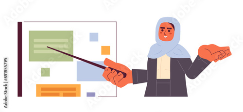 Hijab employee holding pointing stick 2D cartoon character. Muslim headscarf woman isolated vector person white background. Arab lady showing office presentation board color flat spot illustration