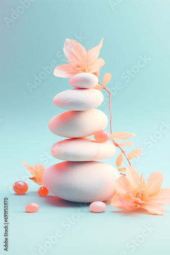 stll life with spa stones and Frangipani flowers. Pastel colors poster. Vertical wallpaper with stack of pebbles; concept of balance and harmony for healthy wellnes lifestyle. Health and zen concept