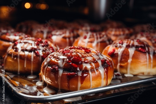  a close up of a tray of doughnuts with icing and cranberry toppings on them. photo