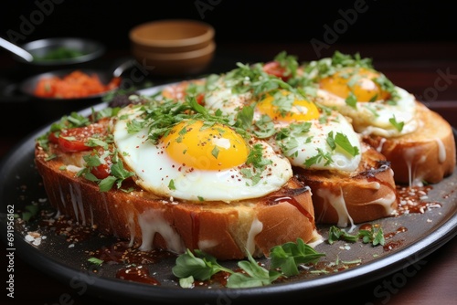  a close up of a plate of food with bread and an egg on top of a piece of bread with other food in the background.