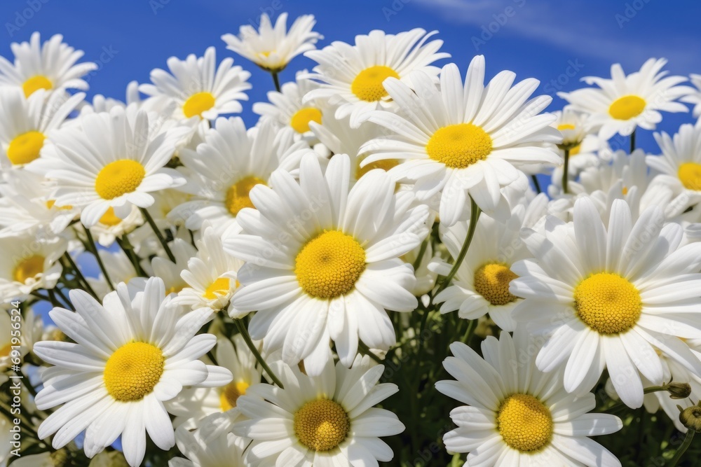 a bunch of white and yellow daisies against a blue sky with a few clouds in the backround. a bunch of white and yellow daisies against a blue sky with a few clouds in the backround.