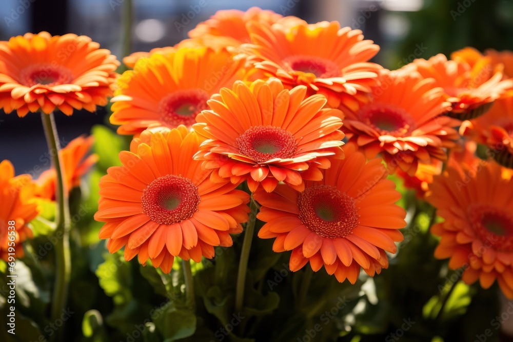  a close up of a bunch of orange flowers with a blurry background of a building in the back ground.